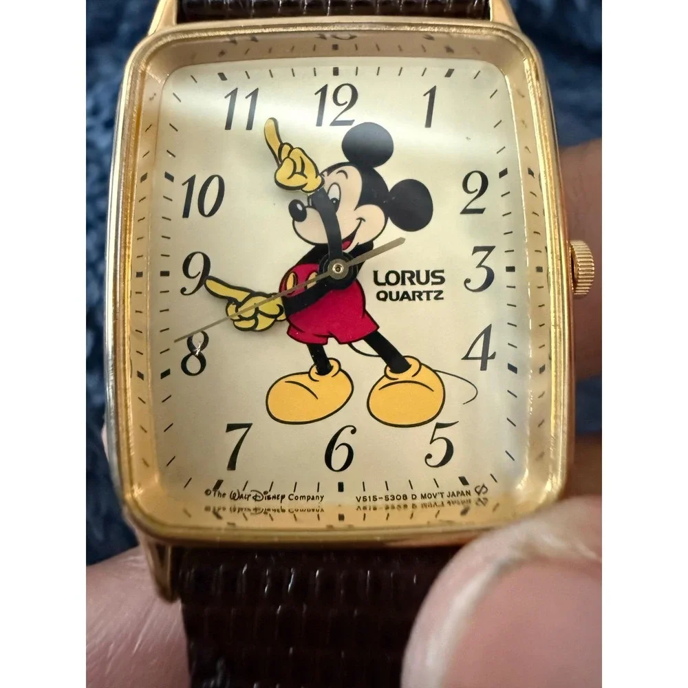 Lorus‎ Mickey Mouse Watch Gold Tone Rectangular V515-5308 RMF258 Brown Leather